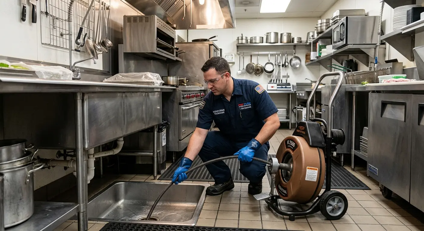 Commercial drain cleaning service in a restaurant kitchen in Delhi Hills